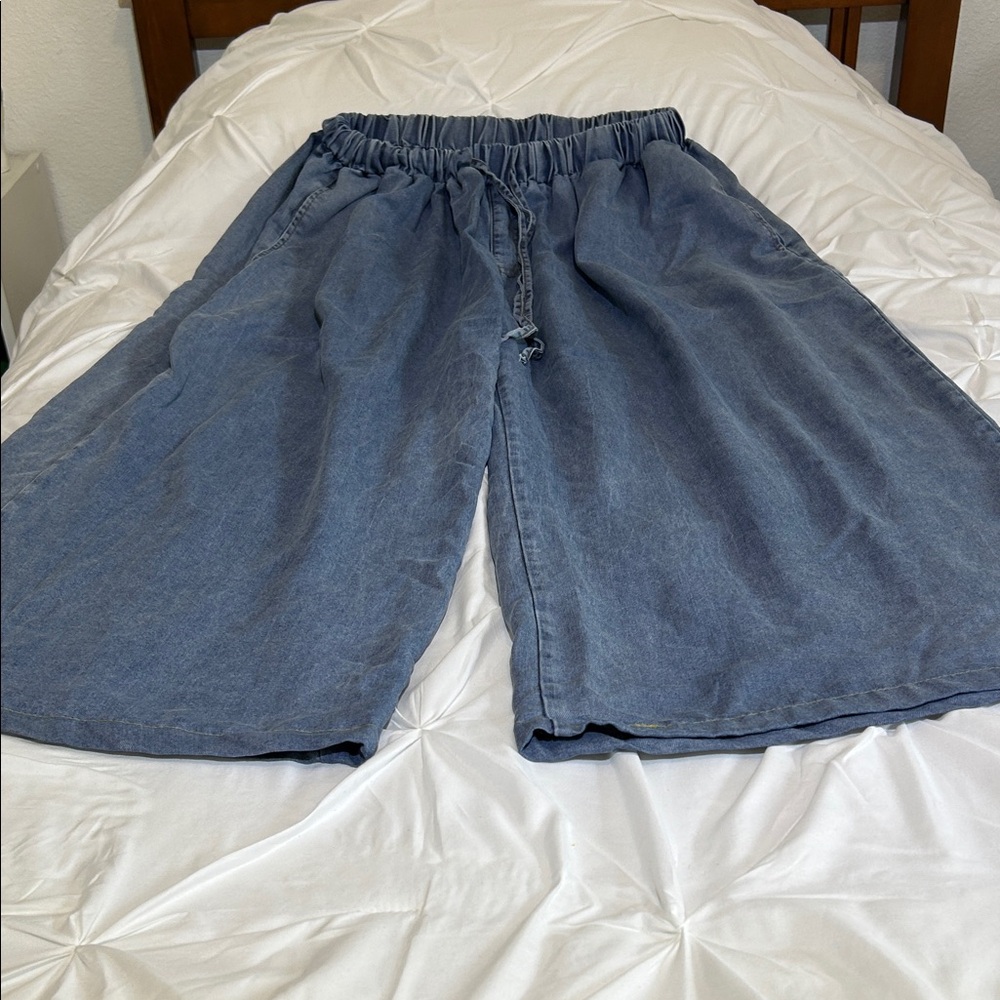 Wide Leg Denim Pull-On Shorts - Slate Blue